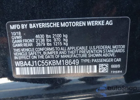 2019 BMW 430I Gran Coupe z USA, uszkodzony, nr VIN WBA4J1C55KBM18649